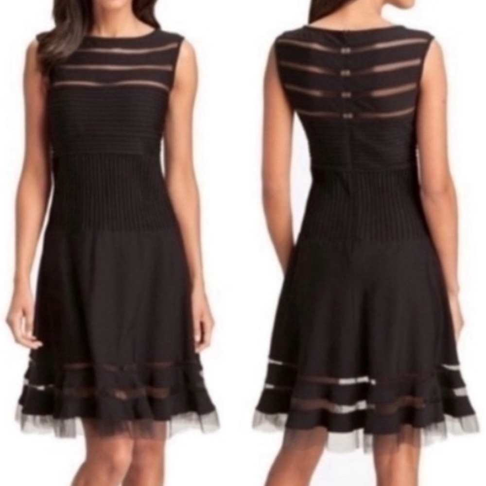Tadashi Shoji black Illusion cocktail dress w/mesh detail & back zip Sz-M.‎ Y10